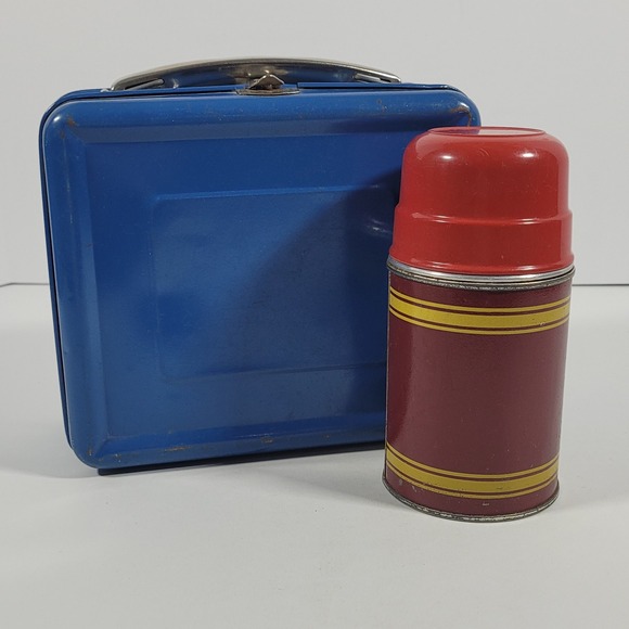 Unbranded Other - Vintage Blue Metal Lunch Box with Red Striped Thermos Cork Stopper Made in USA